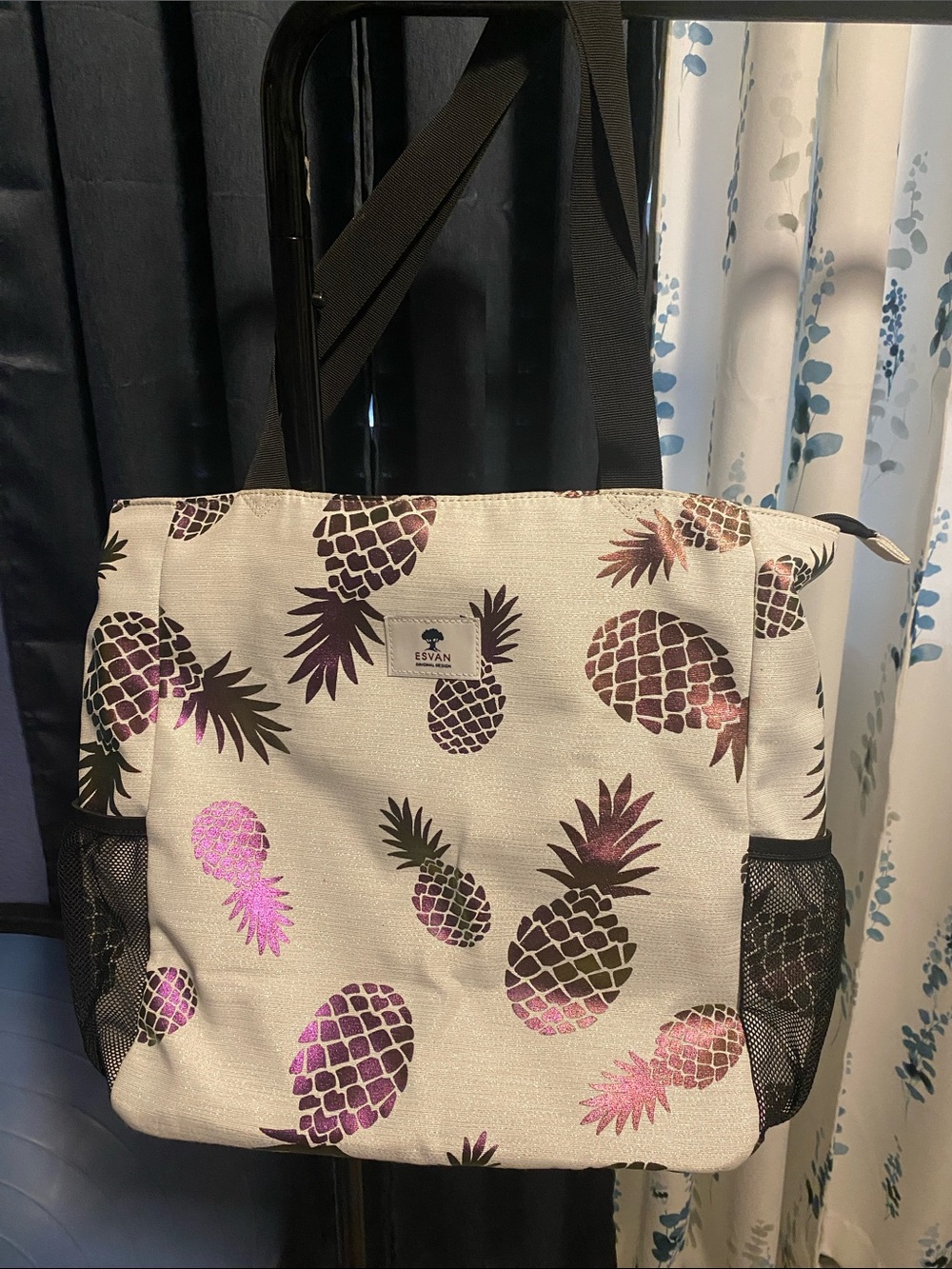 Pink Lily Pineapple Tote - Cream with Pink and Brown Accents